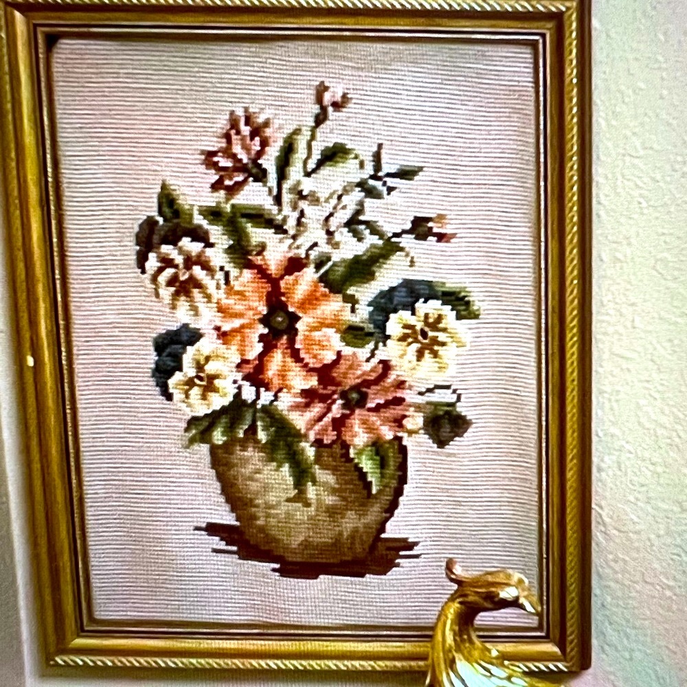 Vintage 1970 FiberArt Needlepoint Flowers in a Vase Frame included
